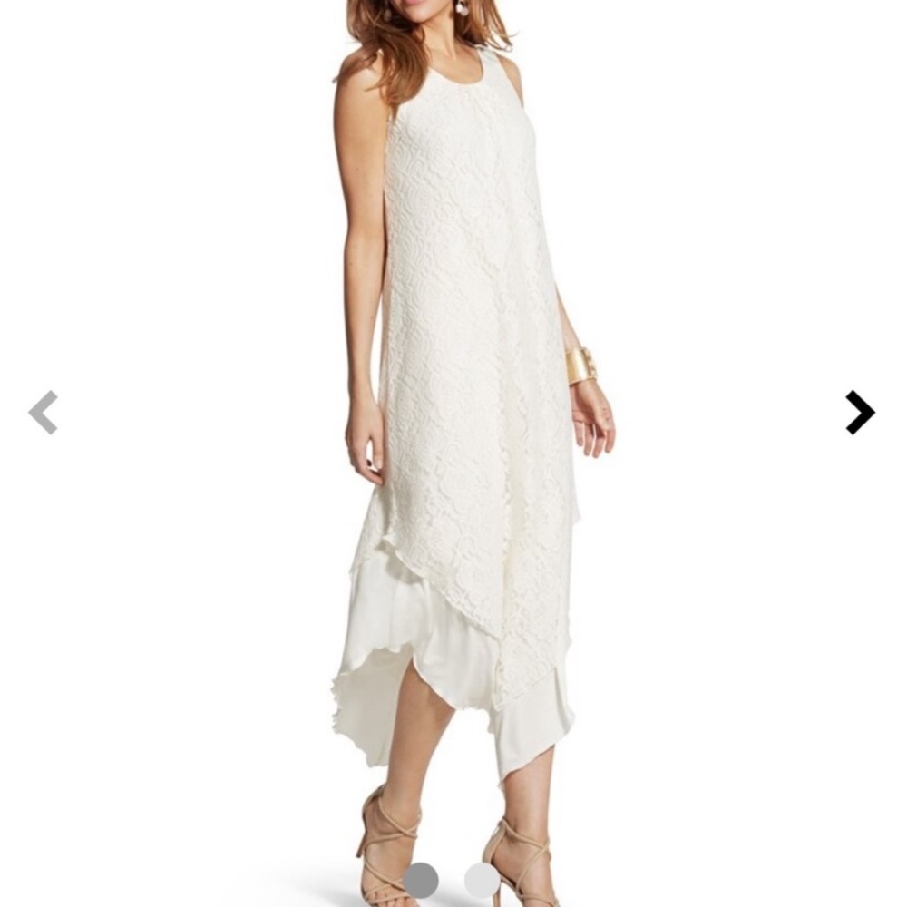 $129 CHICO'S lovely lace ivory Sleeveless asymmetrical hem dress size 1= medium